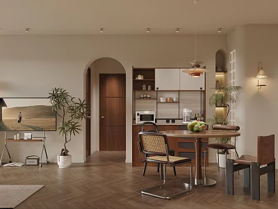 Dining Living Room Interior Design With Arched Doorway Wooden Herringbone Flooring And Pendant Light 3d model