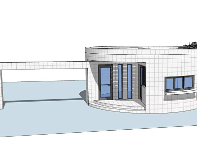 Modern Entrance Gate Design With Circular White Tiled Walls Steps And Glass Windows 3d model