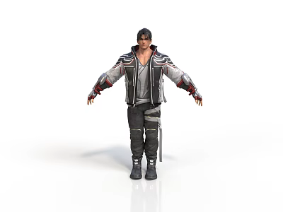 3D Model Character In Red Gray Jacket Standing With Arms Outstretched On White Background 3d model