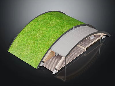 Modern Curved Structure With Grass Roof Wooden Deck And Supporting Elements 3d model