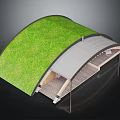Modern Curved Structure With Grass Roof Wooden Deck And Supporting Elements 3d model
