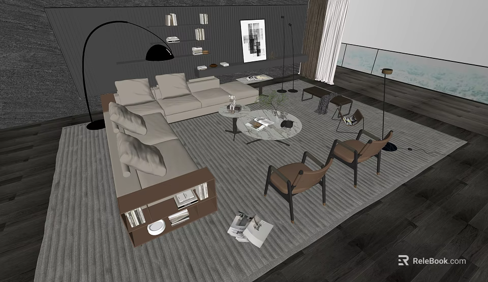 Modern Living Room Sofa Coffee Table Combination With Accent Chairs Floor Lamp Bookshelf And Window 3d model 