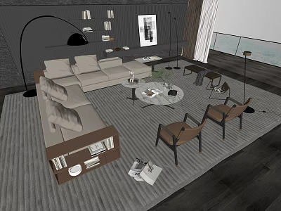 Modern Living Room Sofa Coffee Table Combination With Accent Chairs Floor Lamp Bookshelf And Window 3d model