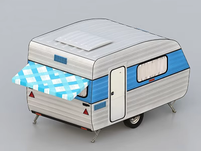 Silver and Blue Camper Van With Checkered Awning and White Door 3d model Silver and Blue Camper Van With Checkered Awning and White Door 3d model