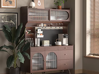 Stylish Brown Sideboard with Glass Doors Shelves Coffee Machine Mugs and Green Plant in Room 3d model