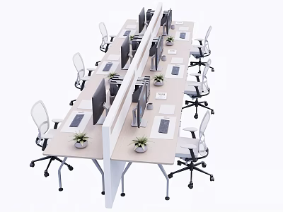 Modern Office Desks With Partition Computer Monitors Office Chairs And Potted Plants 3d model