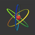 3D Atomic Structure Model With Central Red Sphere And Colorful Hoops Blue Green Yellow Orange