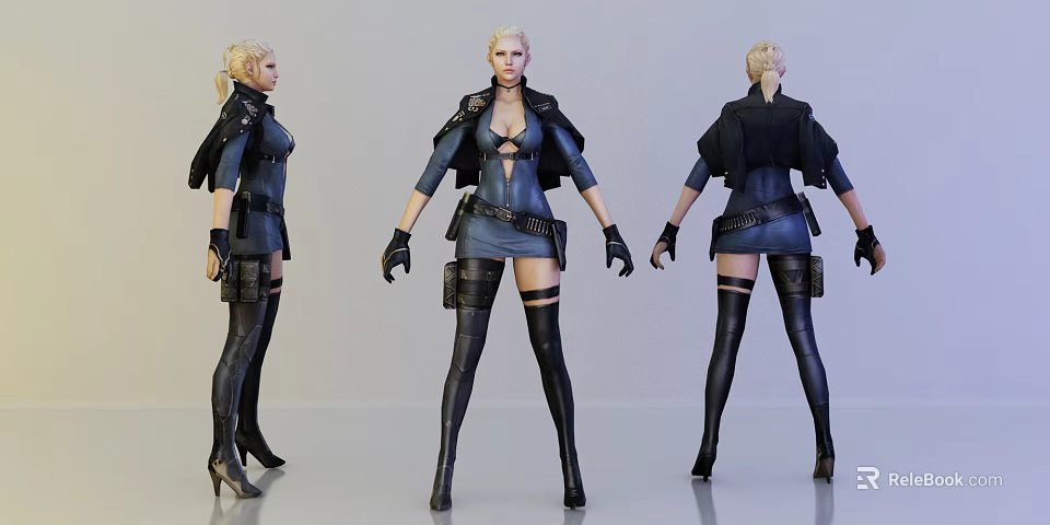 Woman In Tactical Black Blue Outfit With Long Boots And Gloves From Three Angles 3d model 
