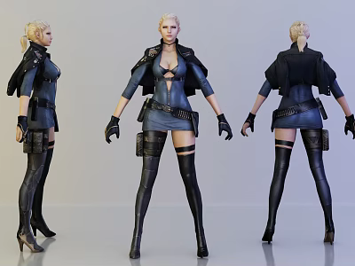 Woman In Tactical Black Blue Outfit With Long Boots And Gloves From Three Angles 3d model