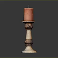 Ornamental Candle Holder With Red Candle And Carved White Brown Base Design
