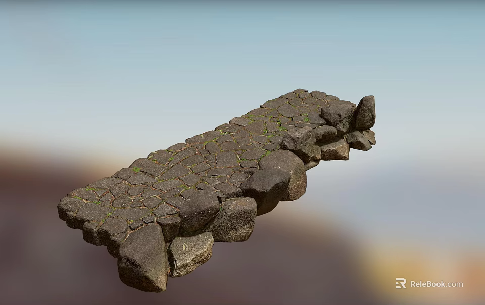 Ancient Road Infrastructure Featuring Stone Bridge with Moss Covered Blocks in Rural Area 3d model 