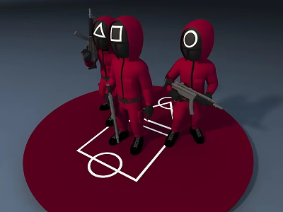 Game Movie Characters Red Jumpsuits Geometric Masks Holding Rifles on Circular Platform with White Lines 3d model
