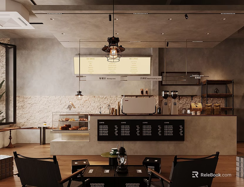 Modern Coffee Shop Interior Design With Industrial Style Wooden Bar Seating Area And Pendant Lights 3d model 