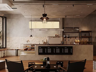 Modern Coffee Shop Interior Design With Industrial Style Wooden Bar Seating Area And Pendant Lights 3d model