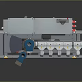 Industrial Processing Equipment With Blue Components Gray Main Body Yellow Support Feet And Conveyor Belt