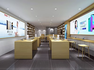 Modern Digital Store Retail Space With Display Shelves And Smartphone Counters 3d model