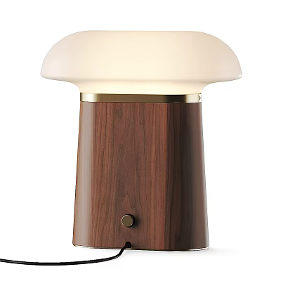 Elegant Walnut Wooden Base Table Lamp with White Lampshade and Gold Trim Knob Switch 3d model