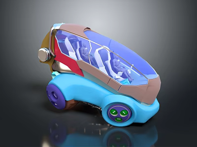 Cartoon Style Car With Blue Brown Purple Wheels Transparent Roof Red White Seats Green Headlights 3d model