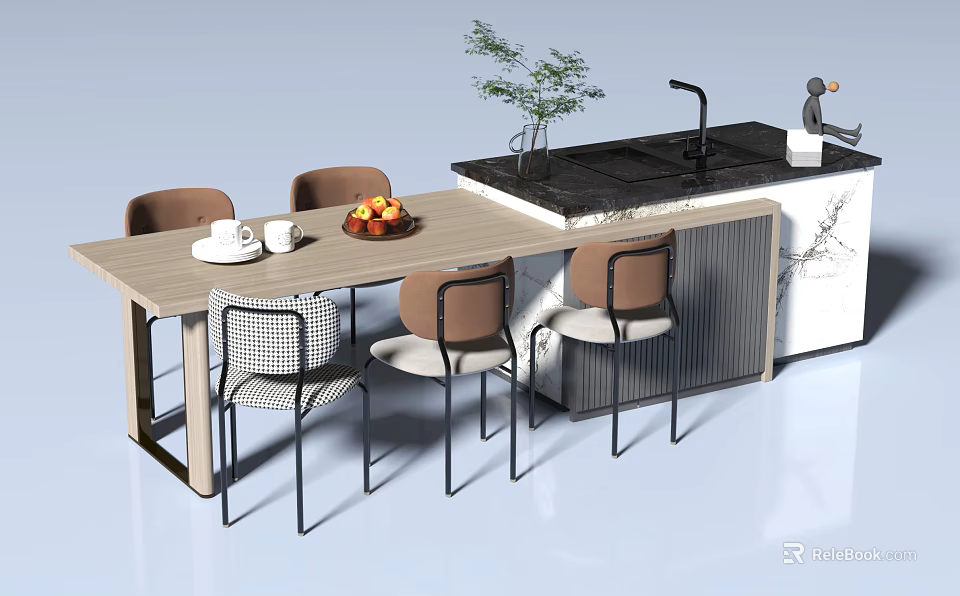 Modern Dining Table Set With Chairs Fruit Bowl Cups And Potted Plant 3d model