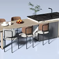 Modern Dining Table Set With Chairs Fruit Bowl Cups And Potted Plant 3d model
