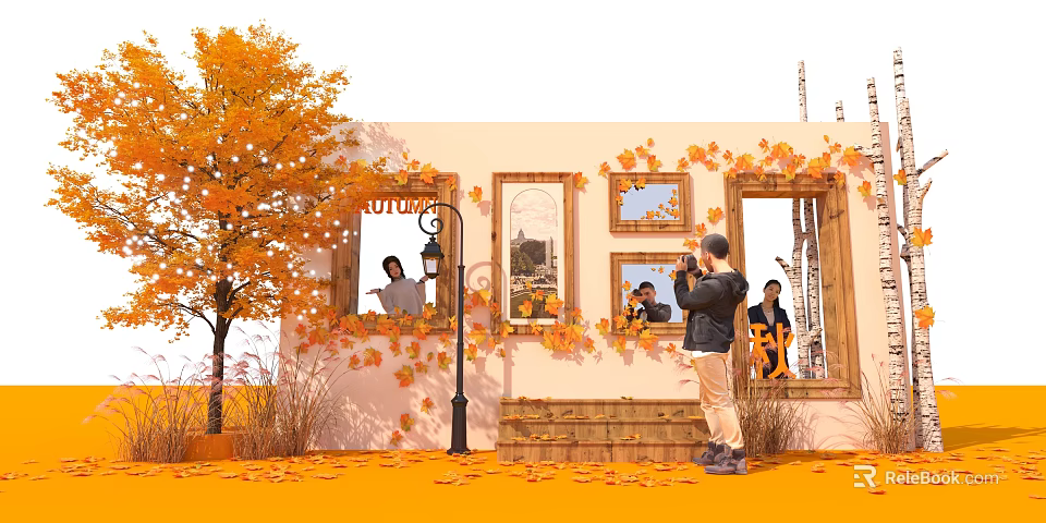 Autumn Themed Photo Spot With Fall Leaves Picture Frames And Eiffel Tower Decorations 3d model 