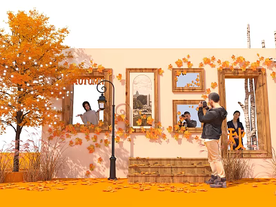 Autumn Themed Photo Spot With Fall Leaves Picture Frames And Eiffel Tower Decorations 3d model