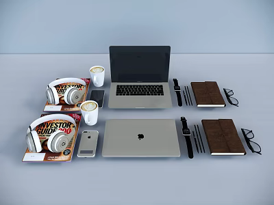 Laptop And Tablet Setup With Headphones Smartphone Watch Notebook And Mug 3d model