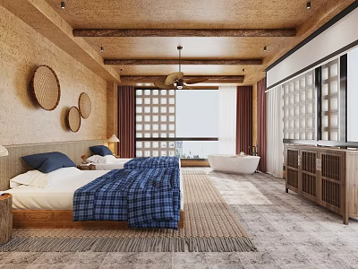Hotel Room Interior With Wooden Ceiling Circular Decor Lattice Curtains And Bathtub 3d model