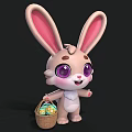 Cute 3D Rabbit Character With Long Ears Purple Eyes Holding Basket Of Colorful Eggs