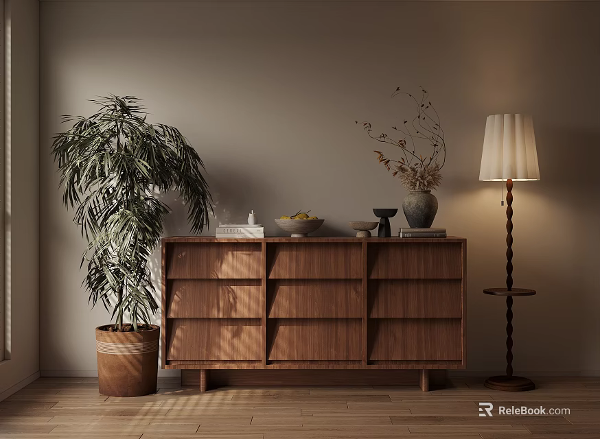 Wooden Decorative Cabinet with Potted Plant Floor Lamp and Decorative Items on Top in Interior 3d model 