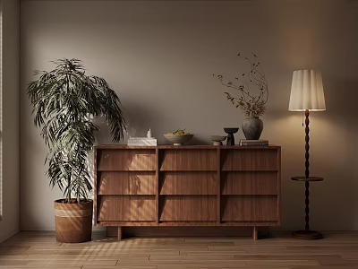 Wooden Decorative Cabinet with Potted Plant Floor Lamp and Decorative Items on Top in Interior 3d model