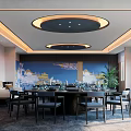Luxurious Private Dining Room With Large Round Table Circular Ceiling Lights And Blue Yellow Wall Design 3d model