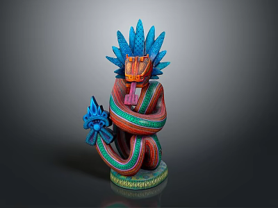 Scenic Landscape With Colorful Statue Featuring Blue Feather Headdress And Snake Decorations 3d model