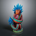 Scenic Landscape With Colorful Statue Featuring Blue Feather Headdress And Snake Decorations
