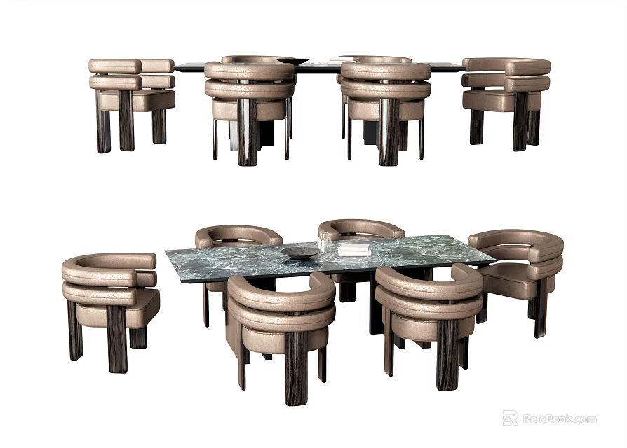 Modern Dining Table Set With Marble Tabletop And Upholstered Chairs Black Legs 3d model