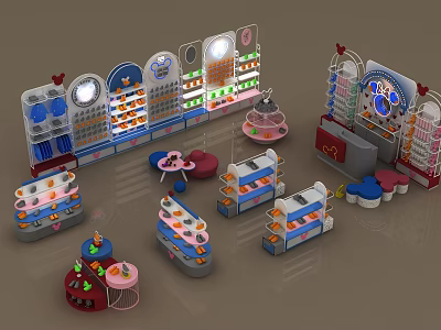 Shopping Mall Store with Various Colorful Display Shelves and Product Display Tables 3d model