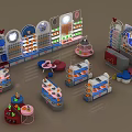 Shopping Mall Store with Various Colorful Display Shelves and Product Display Tables