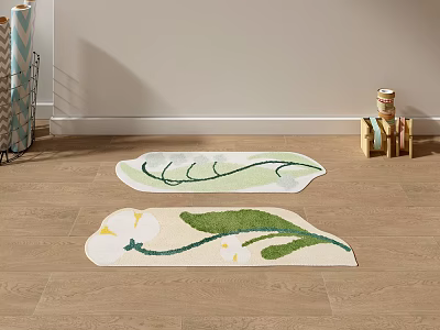 Leaf Shaped Green And White Rugs With Vein Patterns On Wooden Floor 3d model