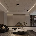 Modern Entertainment Room With Navy Blue Sofa Coffee Table Treadmill Arcade Machine And Abstract Painting
