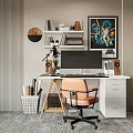 Modern Home Office Desk Setup With Orange Chair Computer Monitor Bookshelf And Star Wars Poster