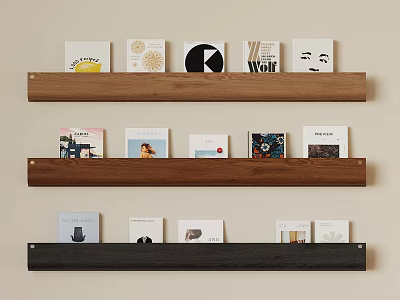 Elegant Minimalist Wooden Floating Bookshelves With Book Collection On Light Wall 3d model