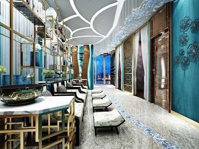 Modern SPA Sauna Interior With Luxury Design Comfortable Seats And Blue Walls 3d model