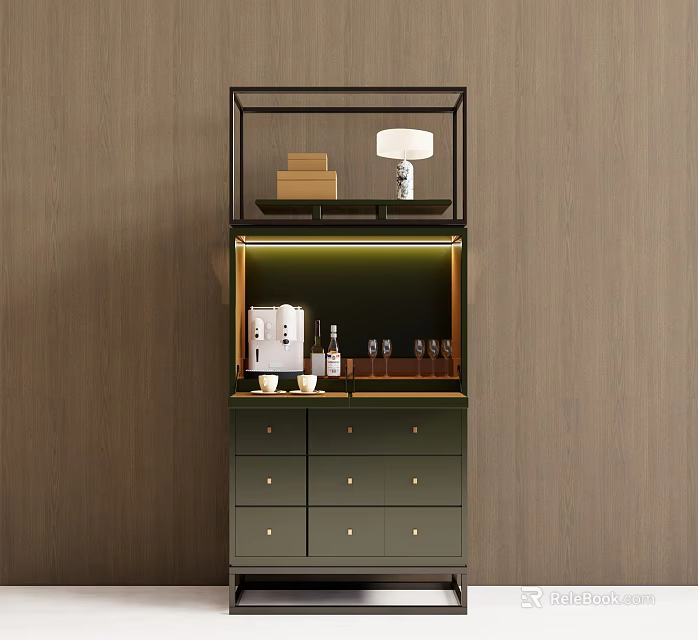 Modern Stylish Wine Cabinet With Built in Lighting Drawers And Wine Glasses 3d model 