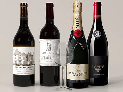 Wine Bottles and Glass with Red Wine Champagne and Elegant Labels 3d model