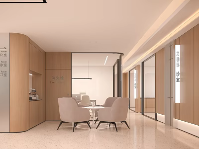 Modern Hospital Outpatient Clinic Interior With Spacious Reception Area Wooden Cabinets And Beige Chairs 3d model