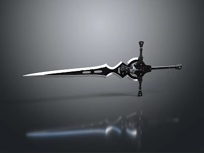 Intricate Design Black Silver Sword With Sharp Blade On Reflective Gray Background 3d model