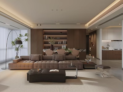 Modern Living and Dining Area With Sofa Coffee Table Bookshelf Floor Lamp and Plants 3d model