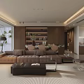 Modern Living and Dining Area With Sofa Coffee Table Bookshelf Floor Lamp and Plants