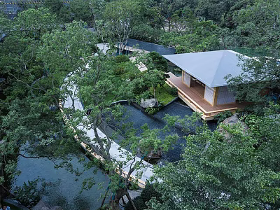 Tranquil Garden Landscape With Lush Trees Winding Path Water Pond And Wooden Pavilion 3d model