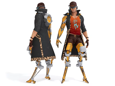 Futuristic Game Movie Character With Mechanical Legs Red Shirt And Decorative Coat 3d model